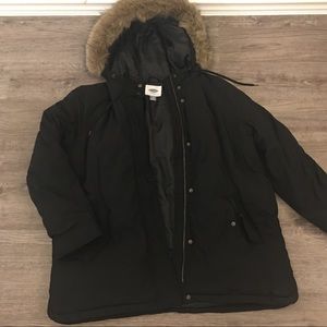 1X Old Navy black hooded coat, poly blend
